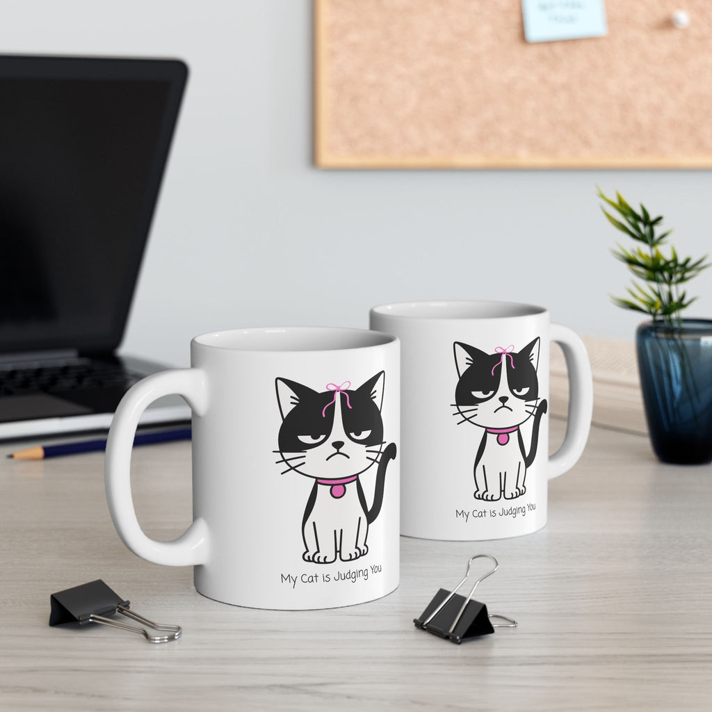 My Cat Is Judging You White Ceramic Mug — Cute Black & White Kitty Stare Down Tea Cup (11oz/15oz)