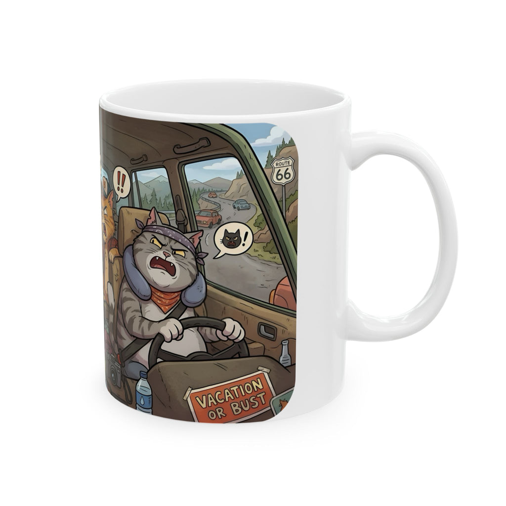 Angry Cats On A Road Trip White Ceramic Mug — Funny Kitty Crew Travel Cup (11oz, 15oz)