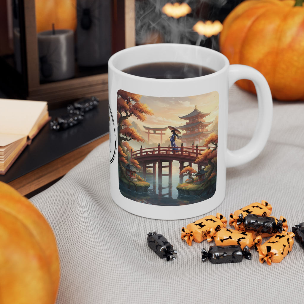 Japanese Samurai Cherry Blossom Love White Ceramic Mug (11oz/15oz),The Serene Path Mount Fuji Sunset Cup