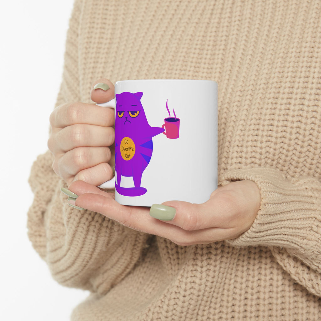 So OverLife Cat On A White Ceramic Mug 11oz & 15oz, Cute Kawaii Cat Holding Mug Cup