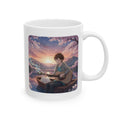 Guitarist & Cat Sunset Lake White Ceramic Mug — Tranquil Nature Music Scene (11oz, 15oz)