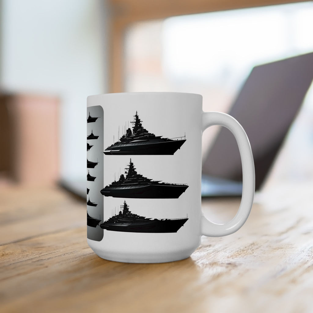 Tactical Battleship Silhouettes White Ceramic Mug — Naval Maritime Warships Cup (11oz & 15oz)