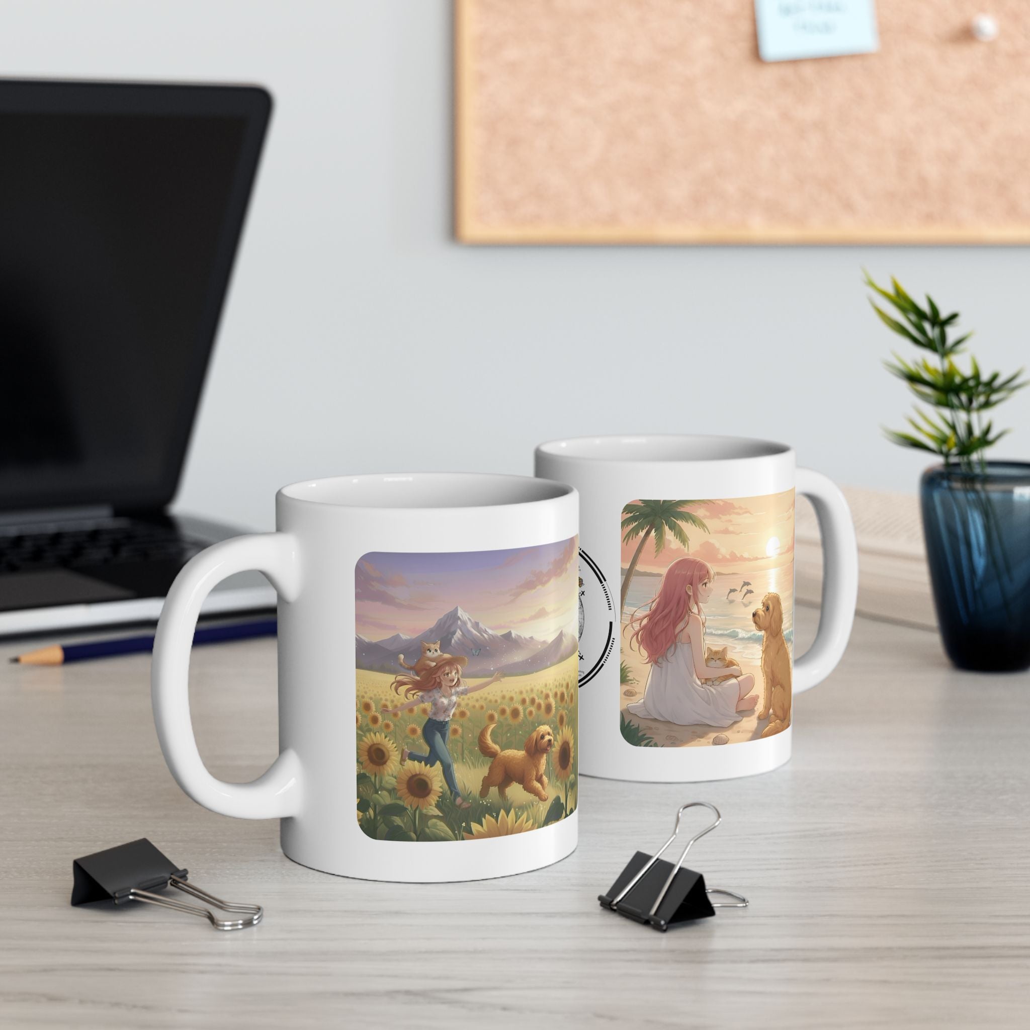 Goldendoodle Dog Orange Cat Sunset & Sunflower White Ceramic Mug — Peaceful Waves Anime Girl Boho Beach Vibes Cup (11oz, 15oz)