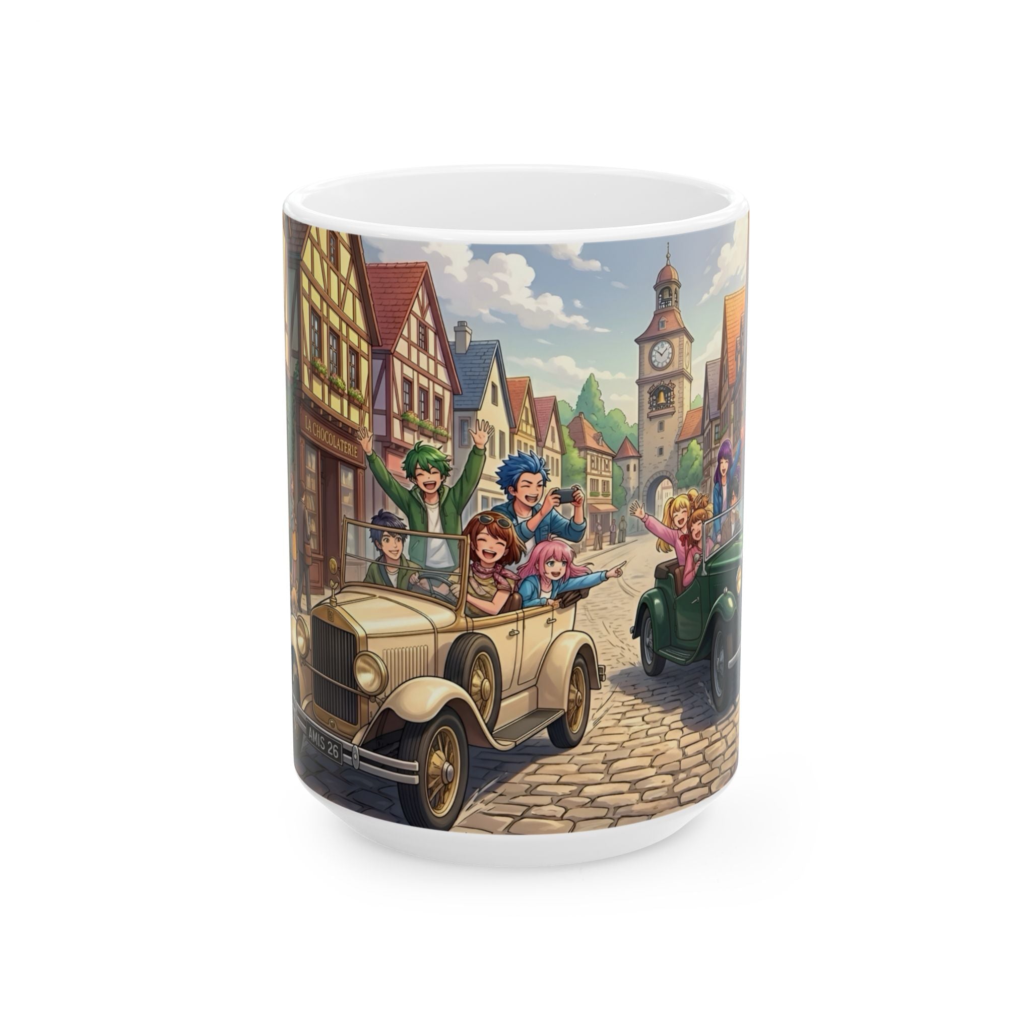 Vintage Village Roadtrip #1 White Ceramic Mug — Classic Cars & Happy Town Friends Cup (11oz, 15oz)
