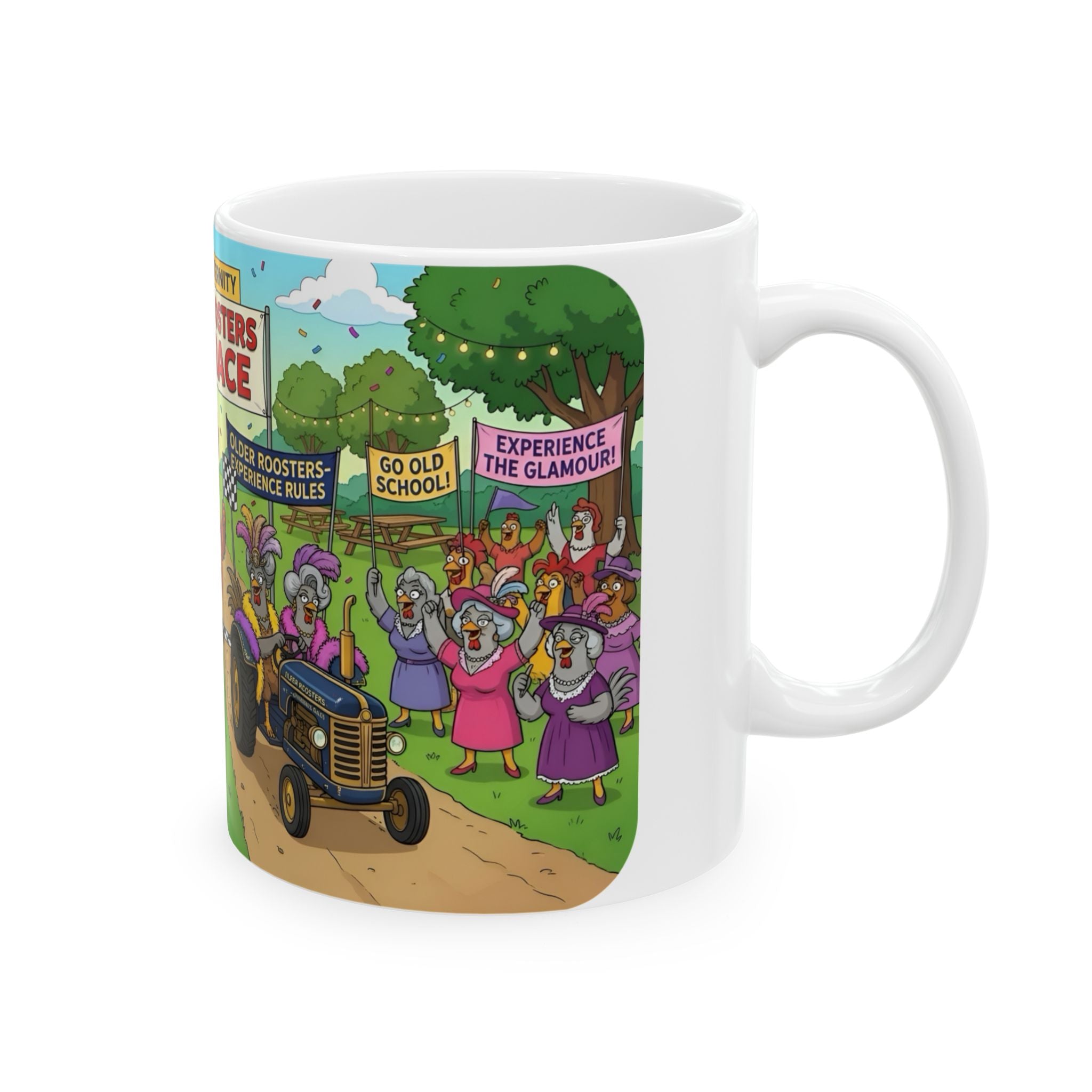 Hens & Roosters Drag Race White Ceramic Mug — Funny Farm Fraternity Racing Tea Cup (11oz/15oz)