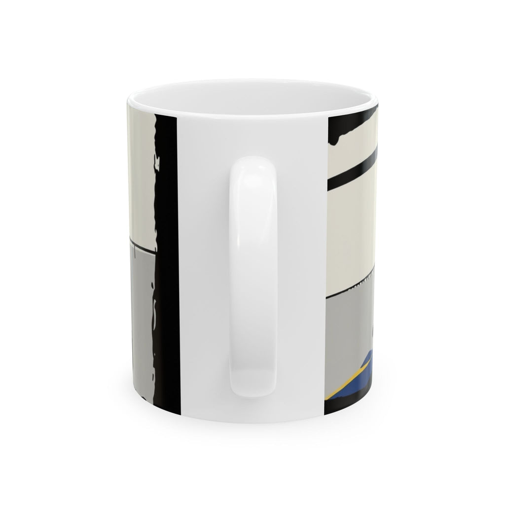 City Bridge Silhouette Scenic White Ceramic Mug – Waterfront Battleship View Cup (11 oz, 15 oz)