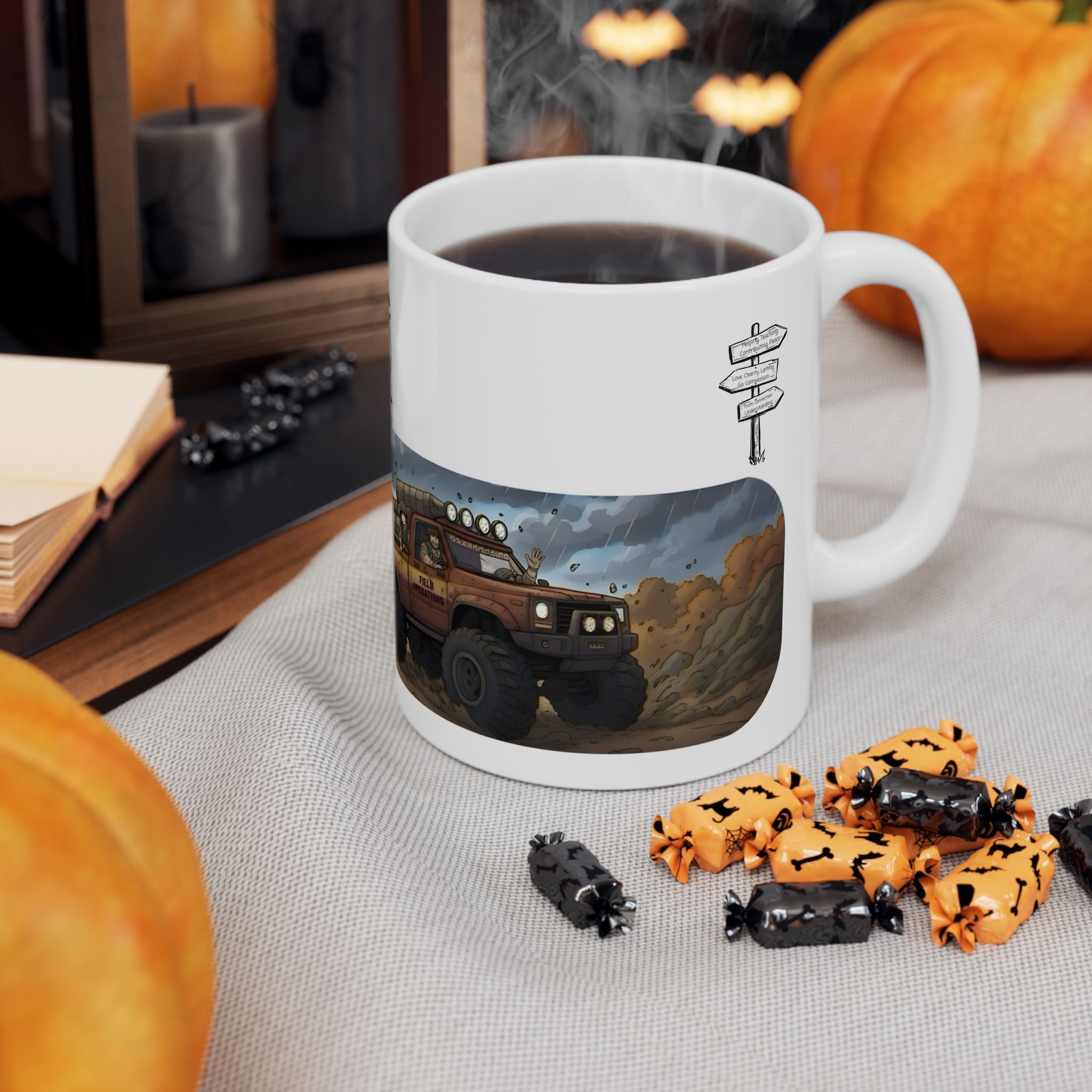 Adventure Trucks #3, Army Field Operation White Ceramic Mug — Find Your Path To The Essentials Cup (11oz & 15oz)