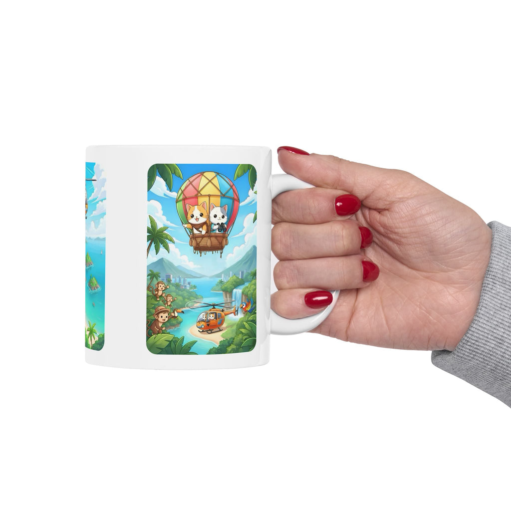 Tropical Chibi Cats Helicopter Adventure White Ceramic Mug — Kawaii Cats Hot Air Balloon Summer Cup (11oz & 15oz)