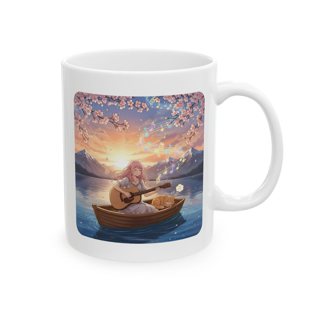 Cozy Guitarist And Her Sleeping Ginger Cat White Ceramic Mug — Japanese Cherry Blossom Mountain Anime Cup (11oz/15oz)