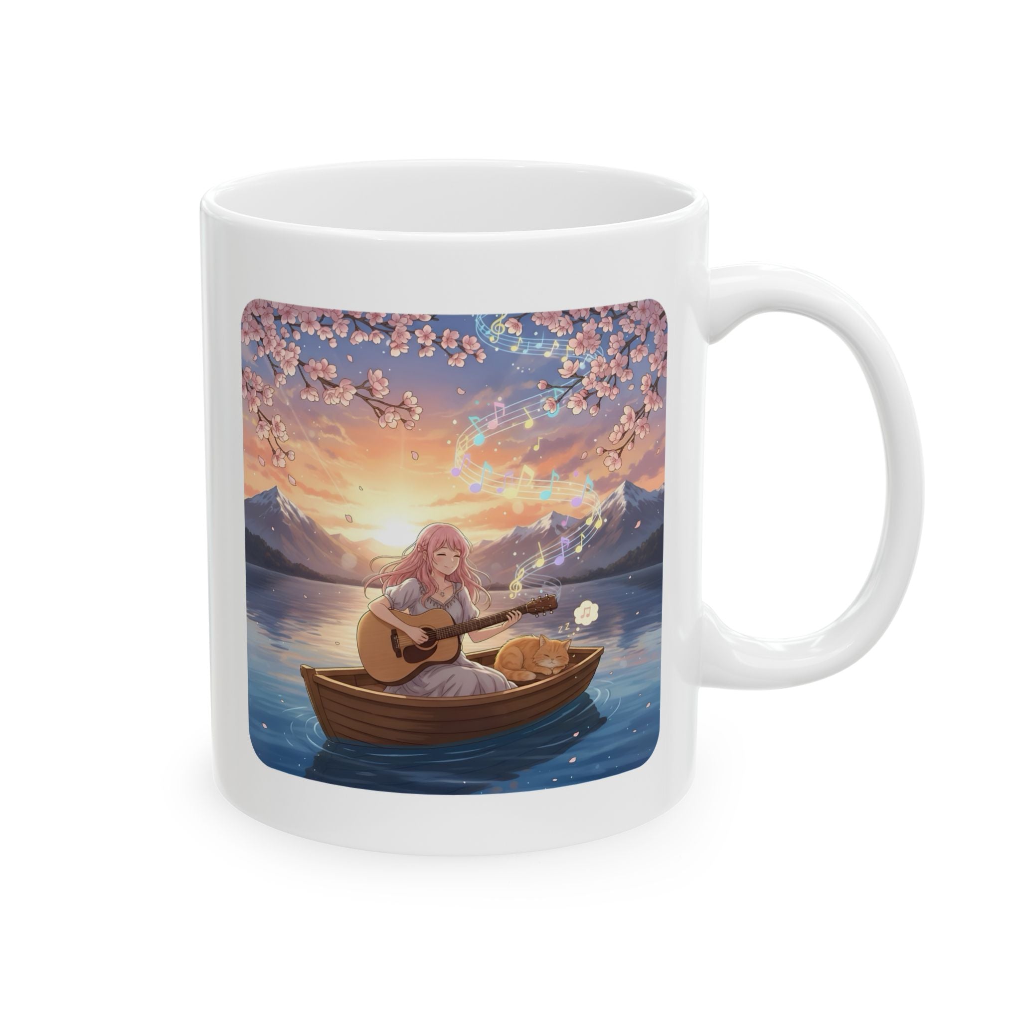 Cozy Guitarist And Her Sleeping Ginger Cat White Ceramic Mug — Japanese Cherry Blossom Mountain Anime Cup (11oz/15oz)