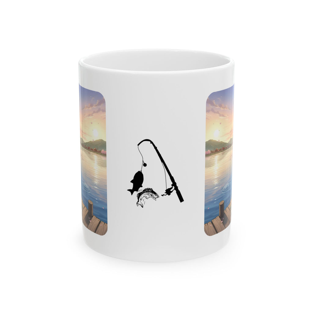 Dock Fishing At Sunset With My Calico Cat White Ceramic Mug — Serene Lake Pier Tea Cup (11oz/15oz)
