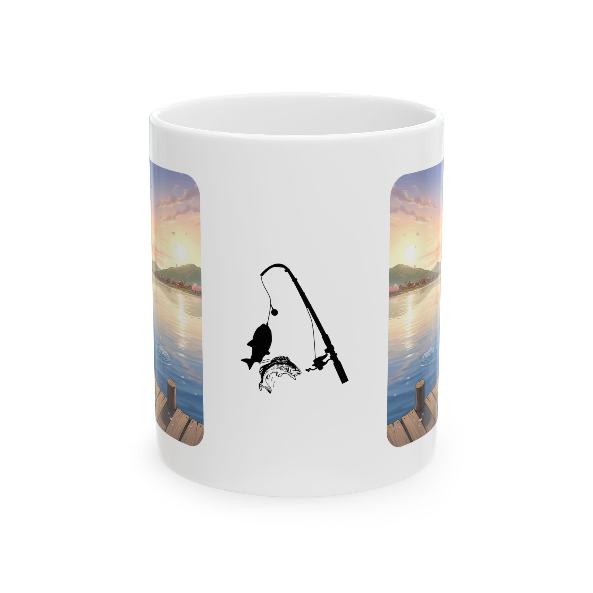 Dock Fishing At Sunset With My Calico Cat White Ceramic Mug — Serene Lake Pier Tea Cup (11oz/15oz)