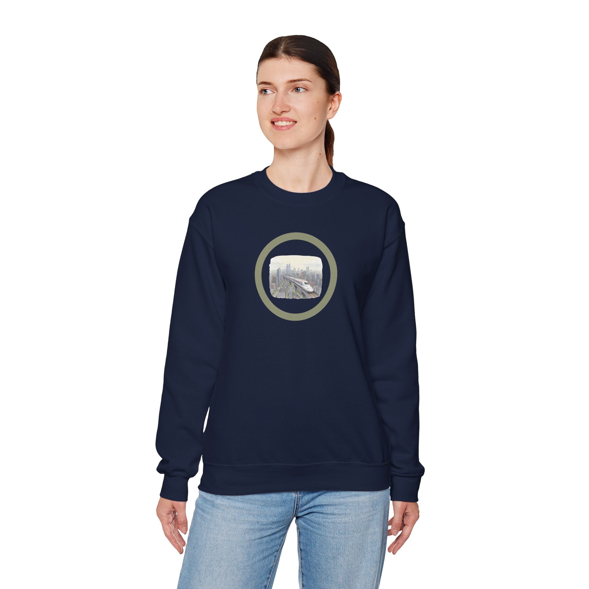 Circular Crewneck Bullet Train Sweatshirt — Vintage Locomotive Over The Metro Sweater