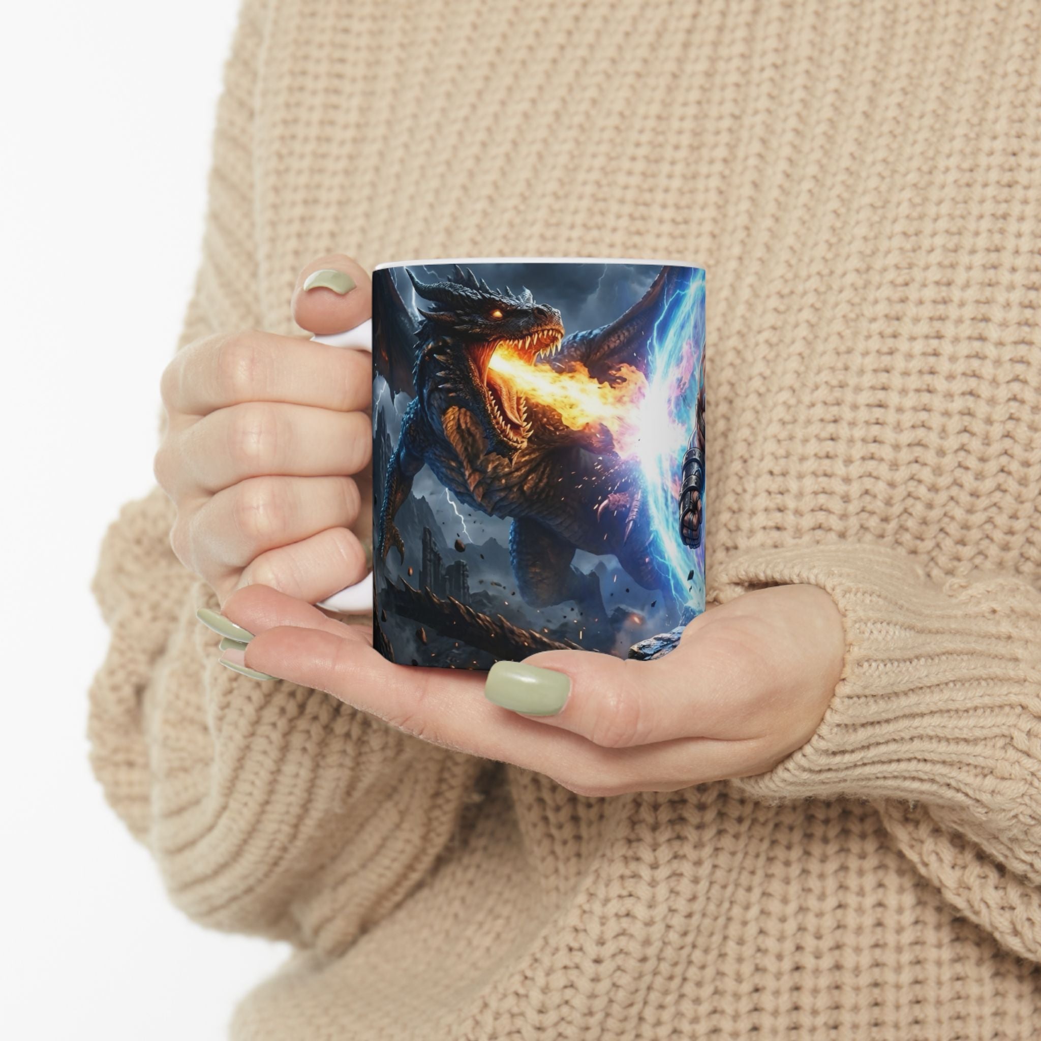 Dragon Battle #3 White Ceramic Mug — Epic Fantasy Gaming Adventure Scene (11oz, 15oz)
