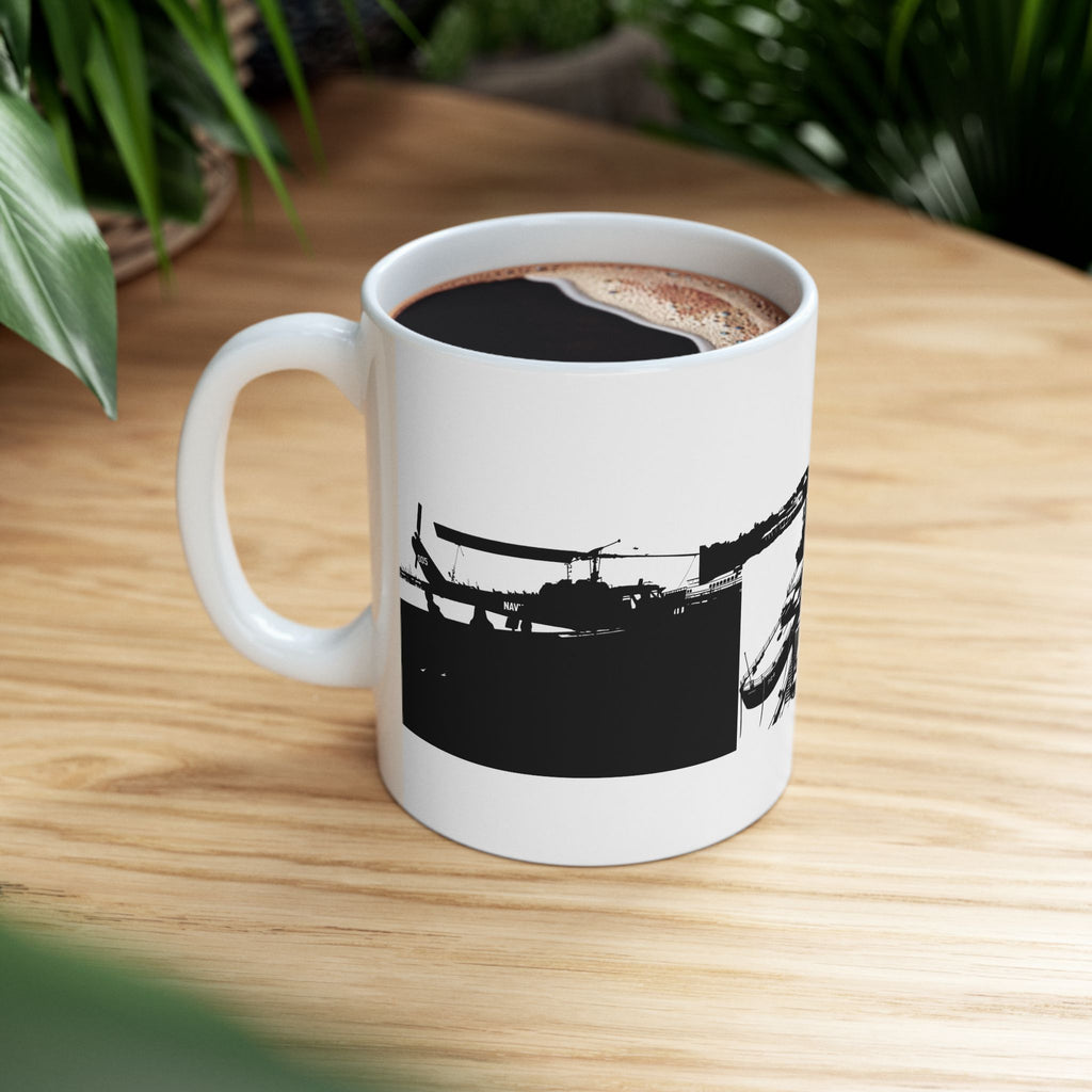 Harbor Panorama White Ceramic Mug — Black & White Maritime Port Cup (11oz, 15oz)