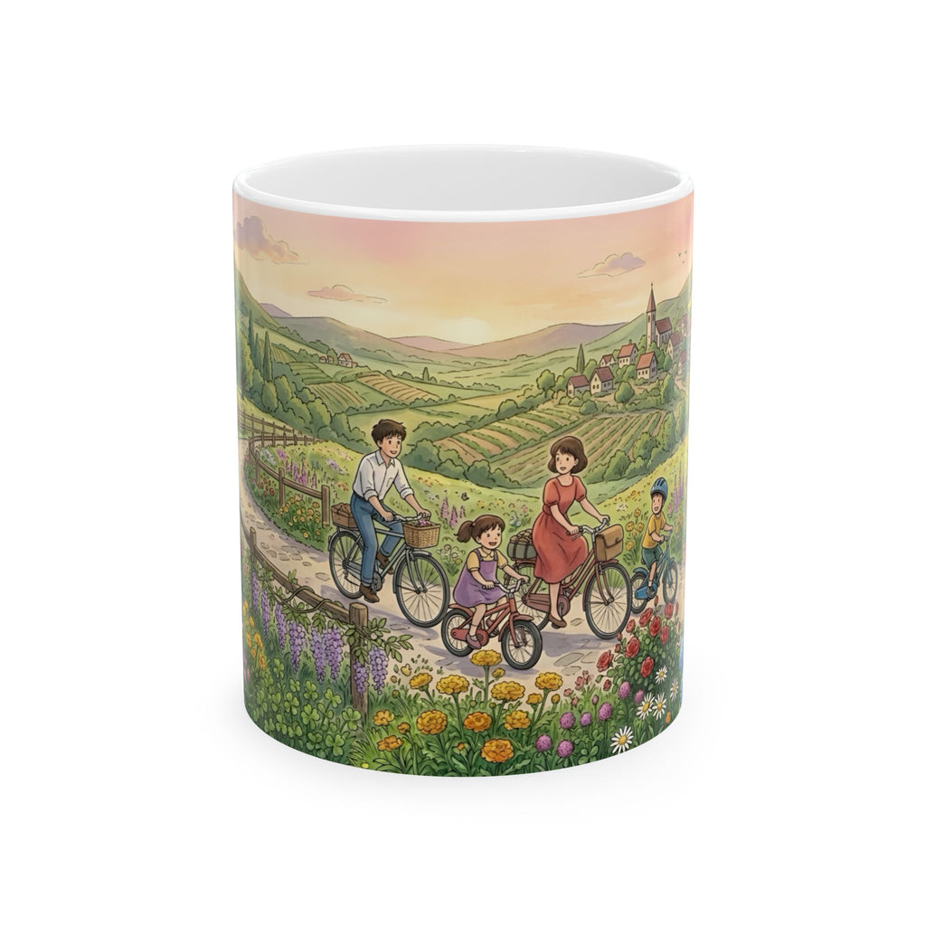 Scenic Family Bike Ride White Ceramic Mug – Countryside Morning Together Cup (11oz & 15oz)