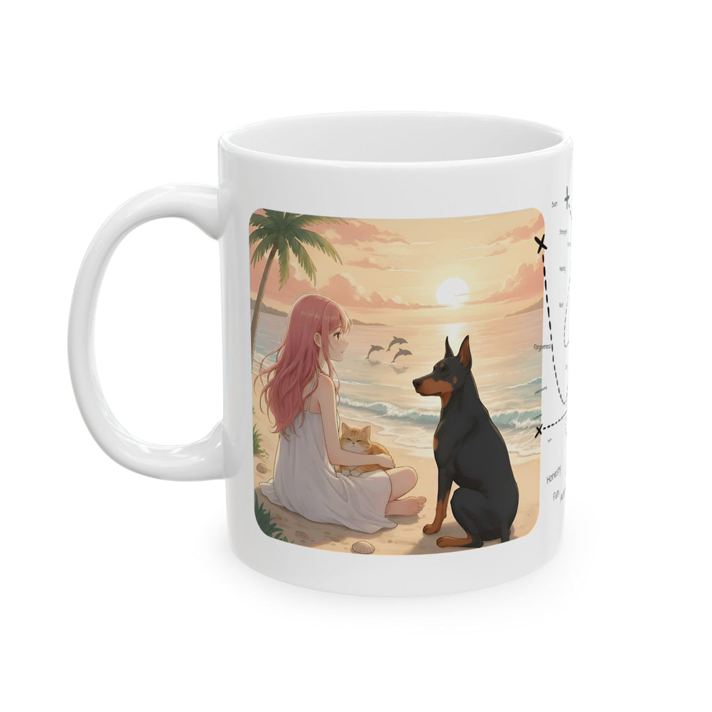 Doberman, Chihuahua & Orange Cat Coastal Vibe White Ceramic Mug, Cozy Sunset Beach Anime Girl Cup (11oz, 15oz)