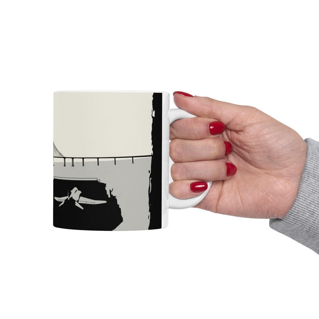 City Bridge Silhouette Scenic White Ceramic Mug – Waterfront Battleship View Cup (11 oz, 15 oz)