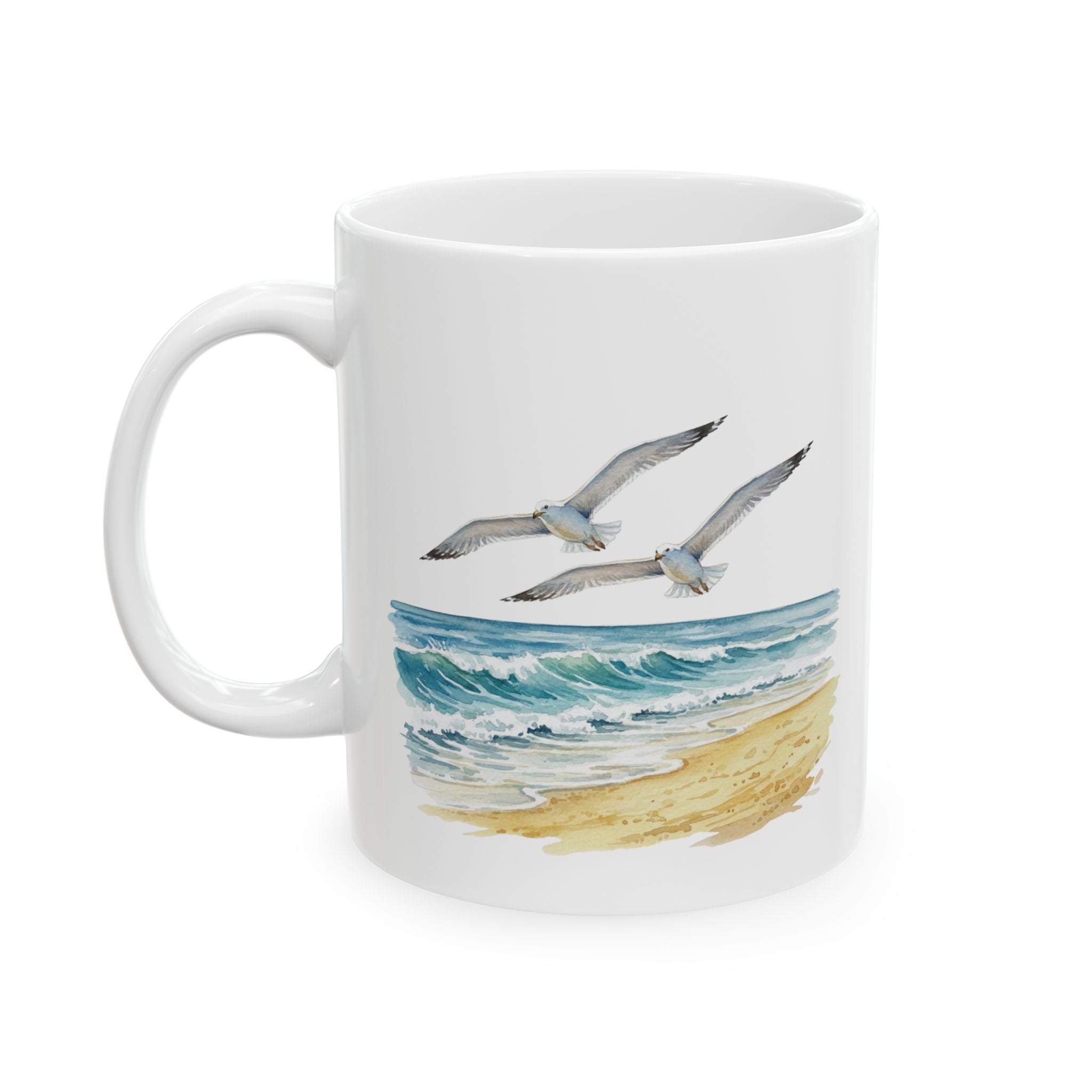 Ocean Seagulls White Ceramic Mug - Beach Watercolor Tea Cup (11oz, 15oz)
