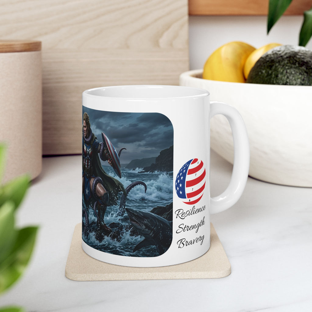 Lady Liberty Unbound #1 White Ceramic Mug — USA Standing Strong Against Darkness Cup