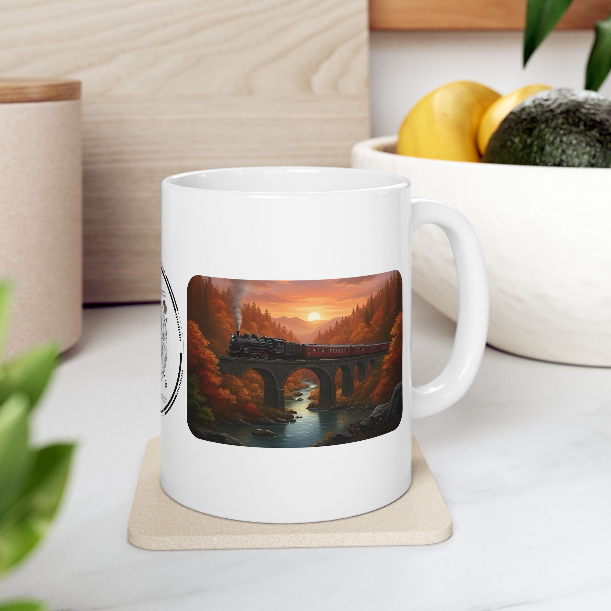 Desert Canyon Sunset Railway White Ceramic Mug — Vintage Steam Train Forest Viaduct Cup (11oz/15oz)