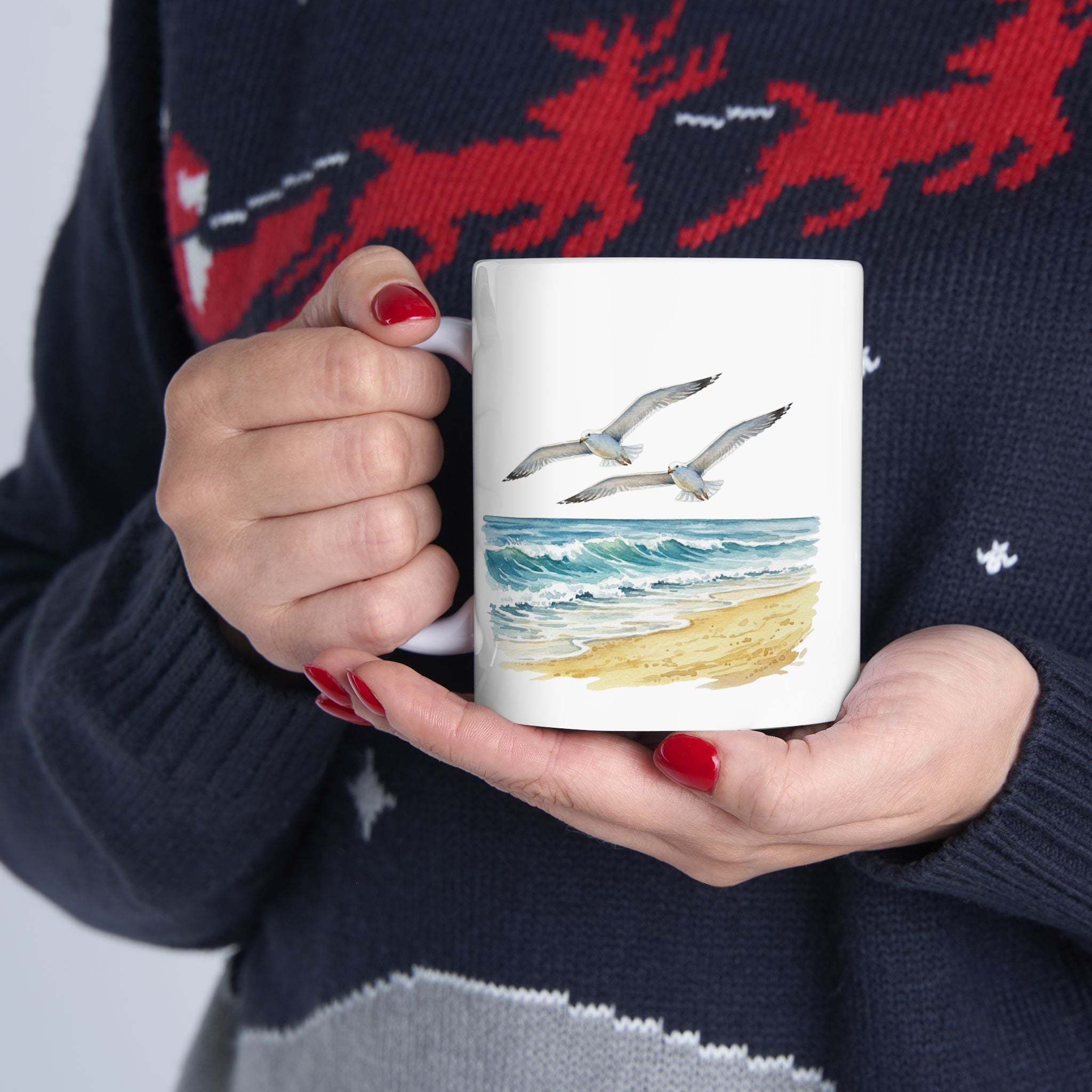 Ocean Seagulls White Ceramic Mug - Beach Watercolor Tea Cup (11oz, 15oz)