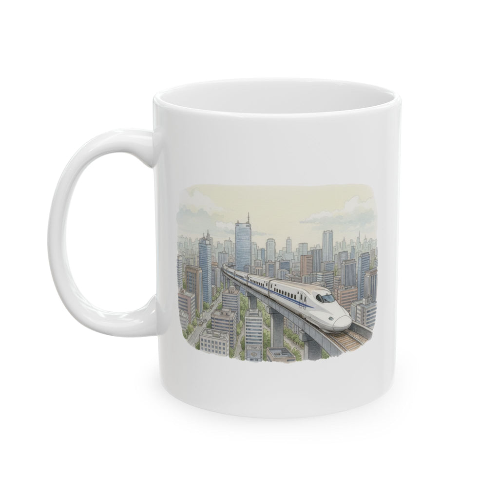 Bullet Train Cityscape Tea Cup – Vintage Skyline White Ceramic Mug (11oz & 15oz)