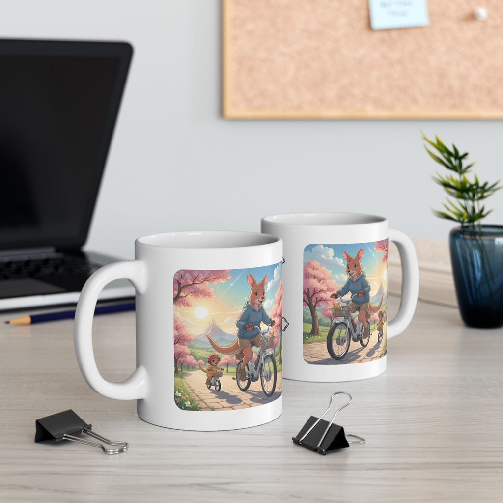 Too Cute to Handle!  Kangaroo Mom & Joey Biking Under Cherry Blossoms White Ceramic Mug — Mommy & Me Anime Bike Adventure Cup for Happy Sips, 11oz & 15oz