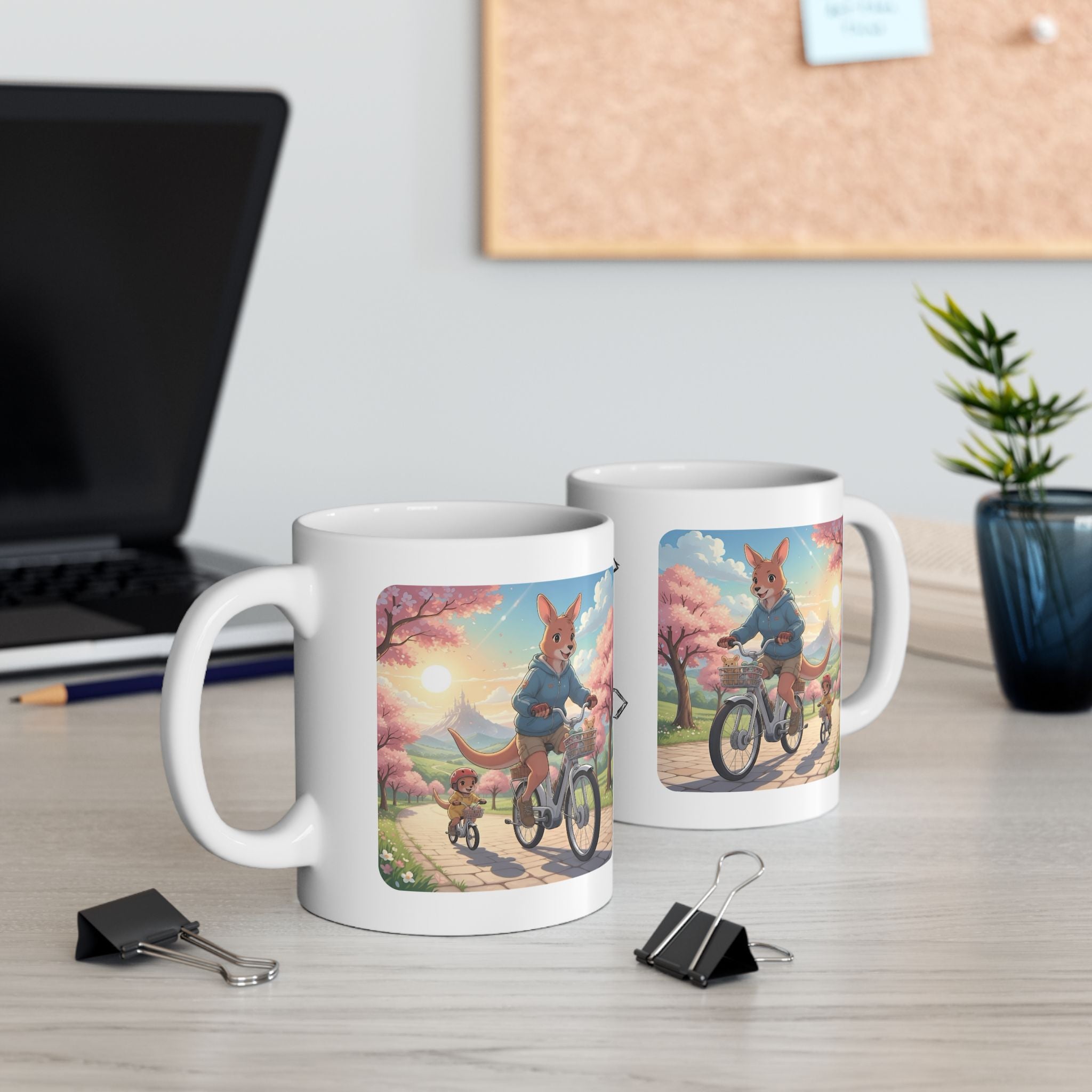 Too Cute to Handle!  Kangaroo Mom & Joey Biking Under Cherry Blossoms White Ceramic Mug — Mommy & Me Anime Bike Adventure Cup for Happy Sips, 11oz & 15oz