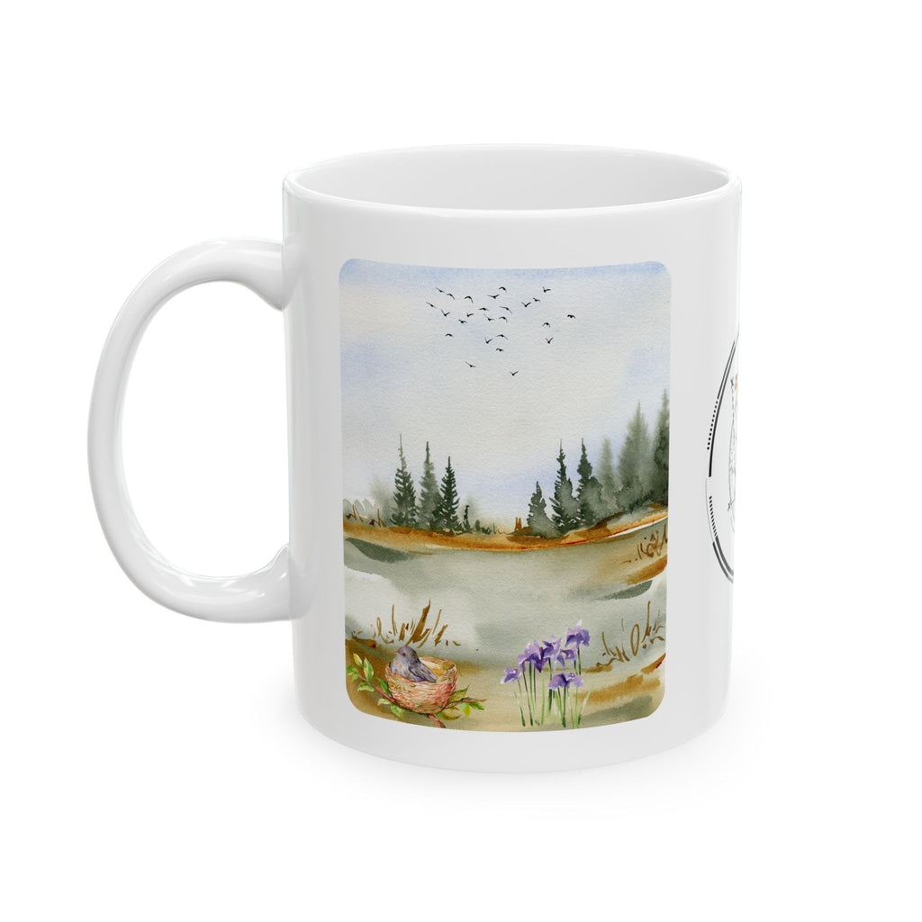 Peaceful Forest White Ceramic Mug — Aesthetic Nature Scenery Cup (11oz/15oz)