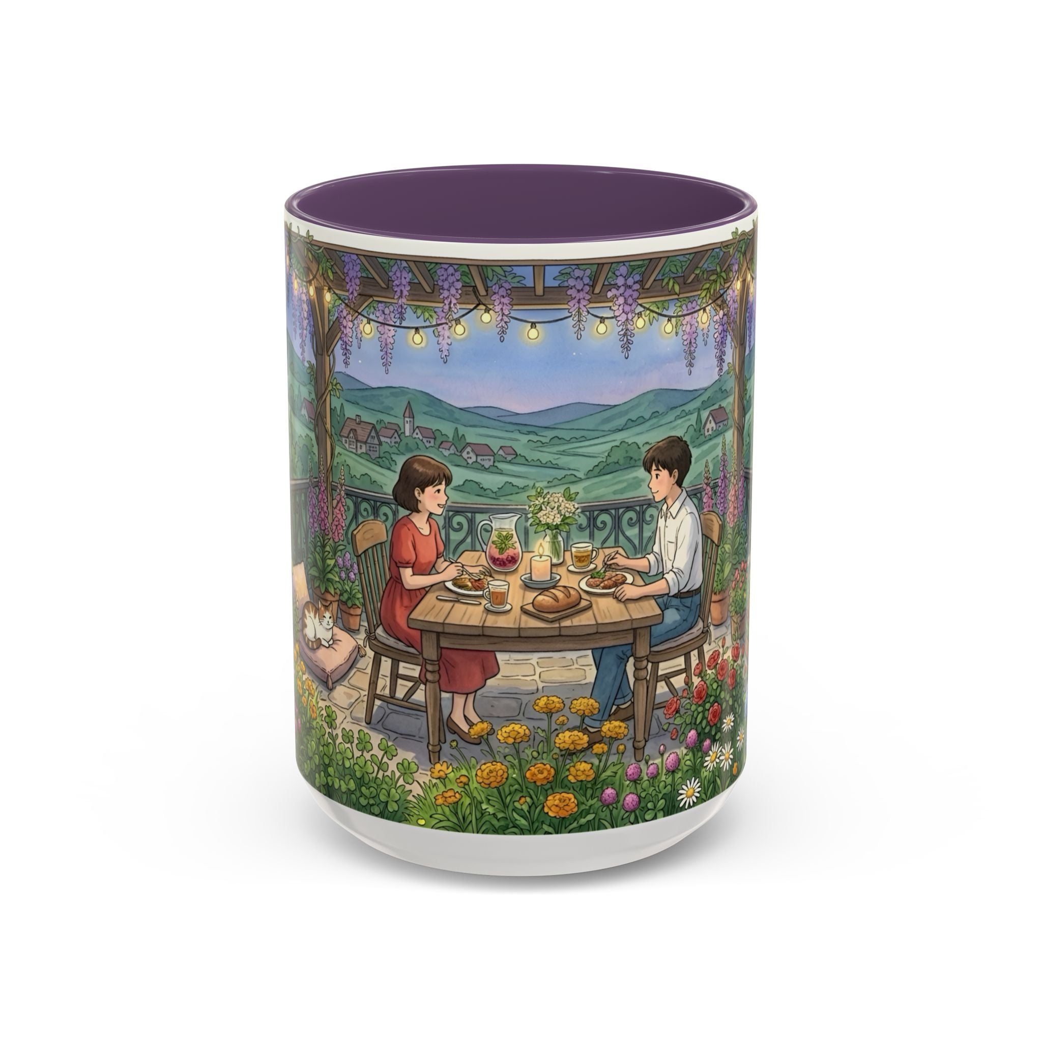 Cozy Romantic Garden Dinner Ceramic Mug — Couples Outdoor Bistro Cup (11 oz, 15 oz)