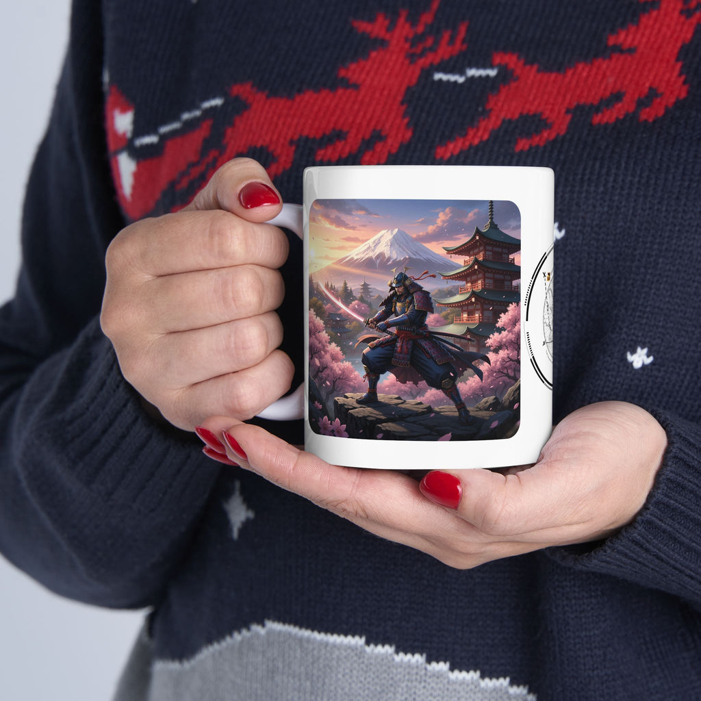 Japanese Samurai Cherry Blossom Love White Ceramic Mug (11oz/15oz),The Serene Path Mount Fuji Sunset Cup