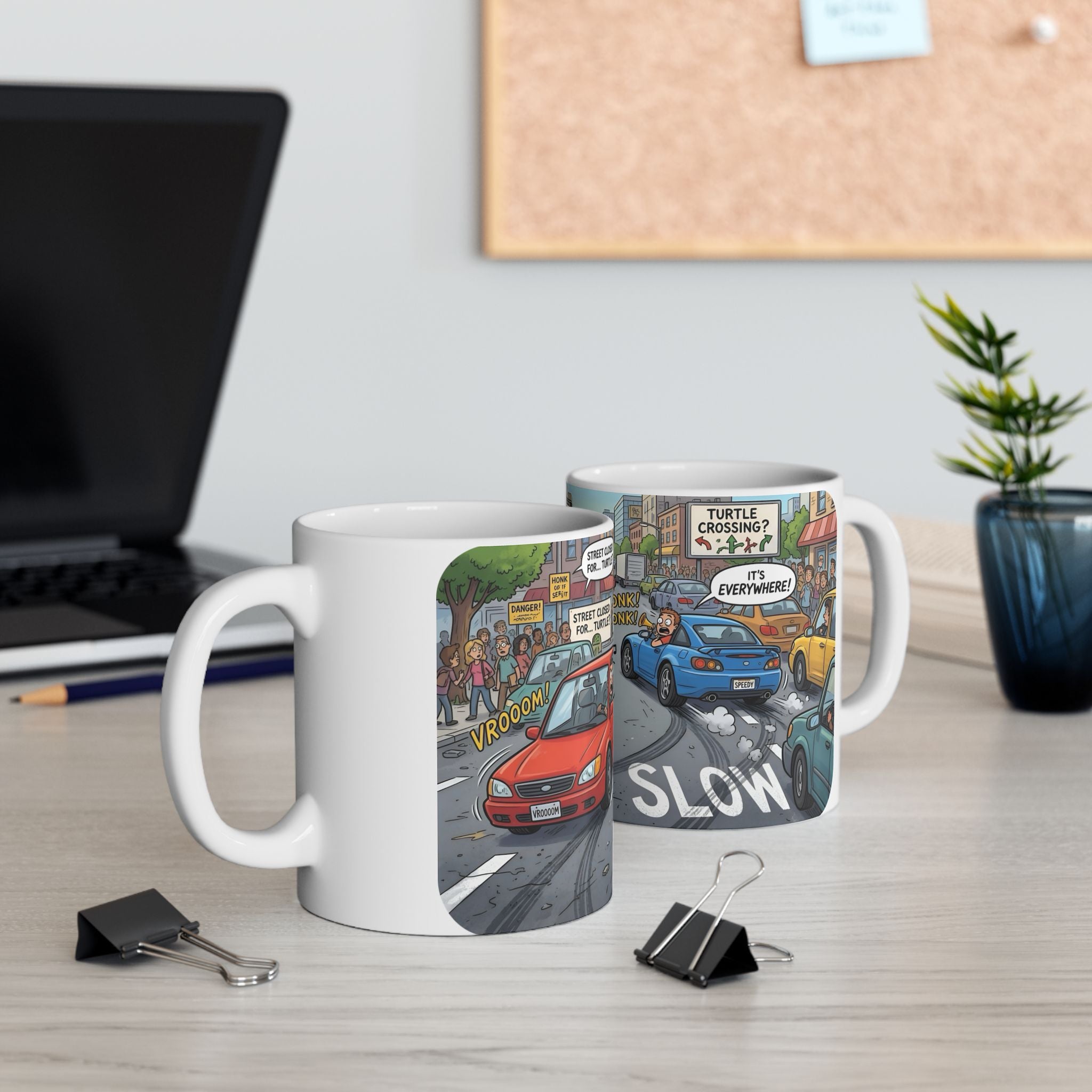 Cute Turtle Crossing White Ceramic Mug, Cruising Vibes Cup (11oz, 15oz)