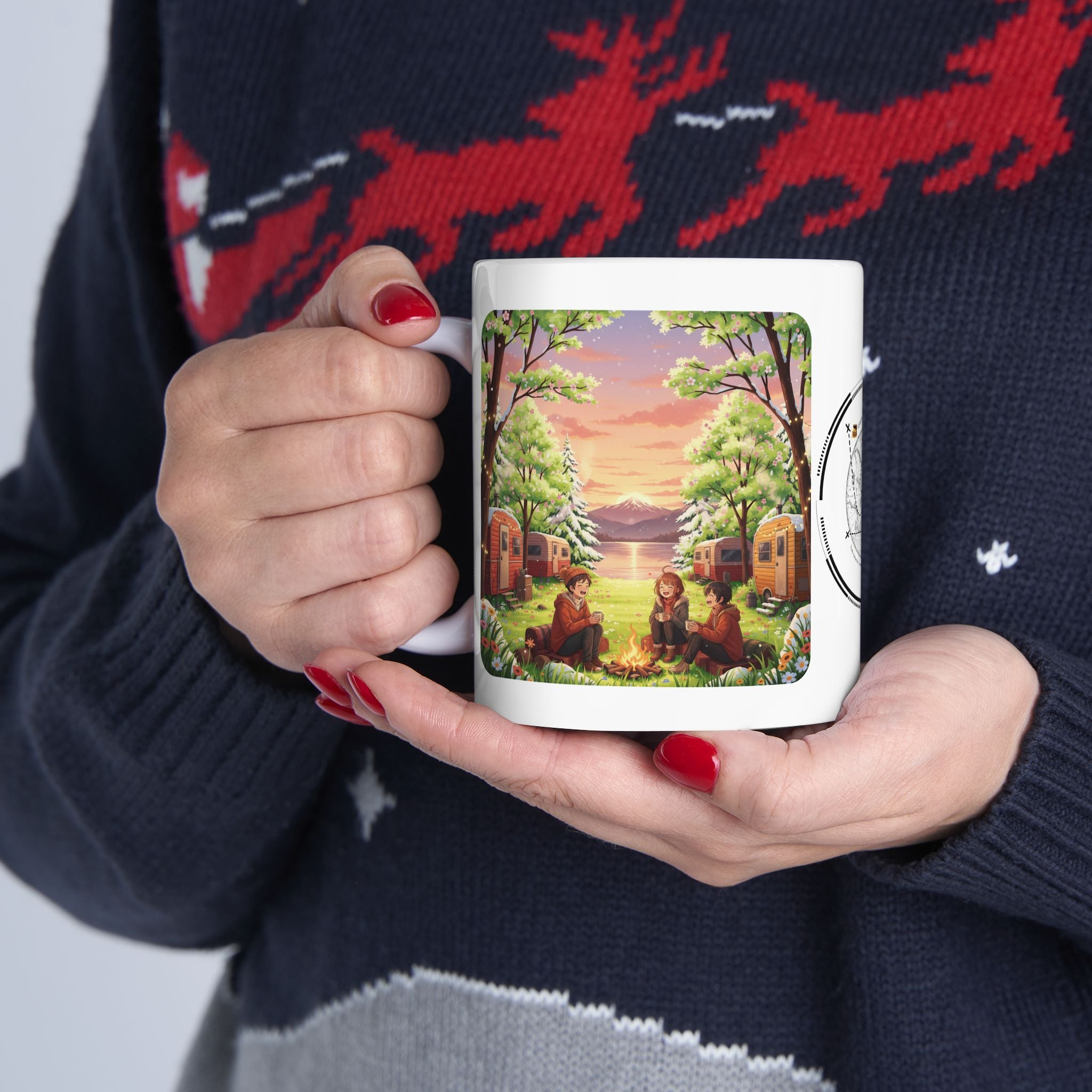 Cozy Hearth & Home White Ceramic Mug — Sunset Mountain View Vintage Camper Cup (11oz/15oz)