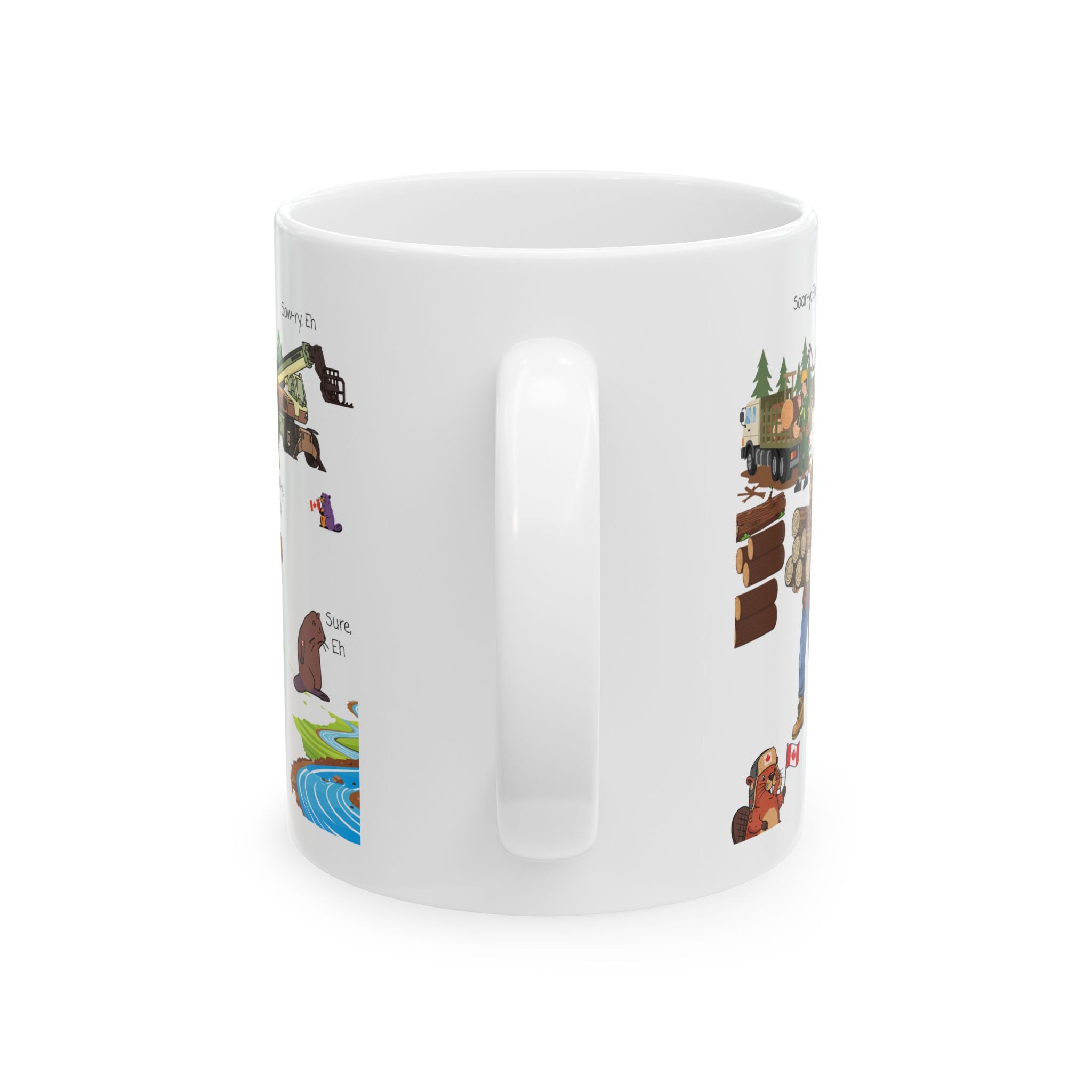 Cute Woodland Beavers With Canadian Lumberjacks On A White Ceramic Mug (11oz, 15oz), We Love Canada Loggers Cup