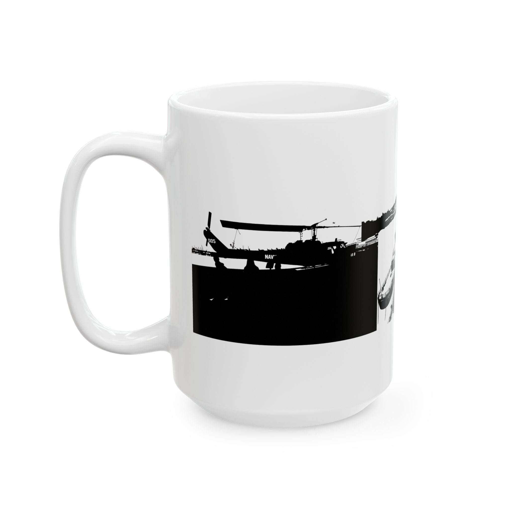 Harbor Panorama White Ceramic Mug — Black & White Maritime Port Cup (11oz, 15oz)