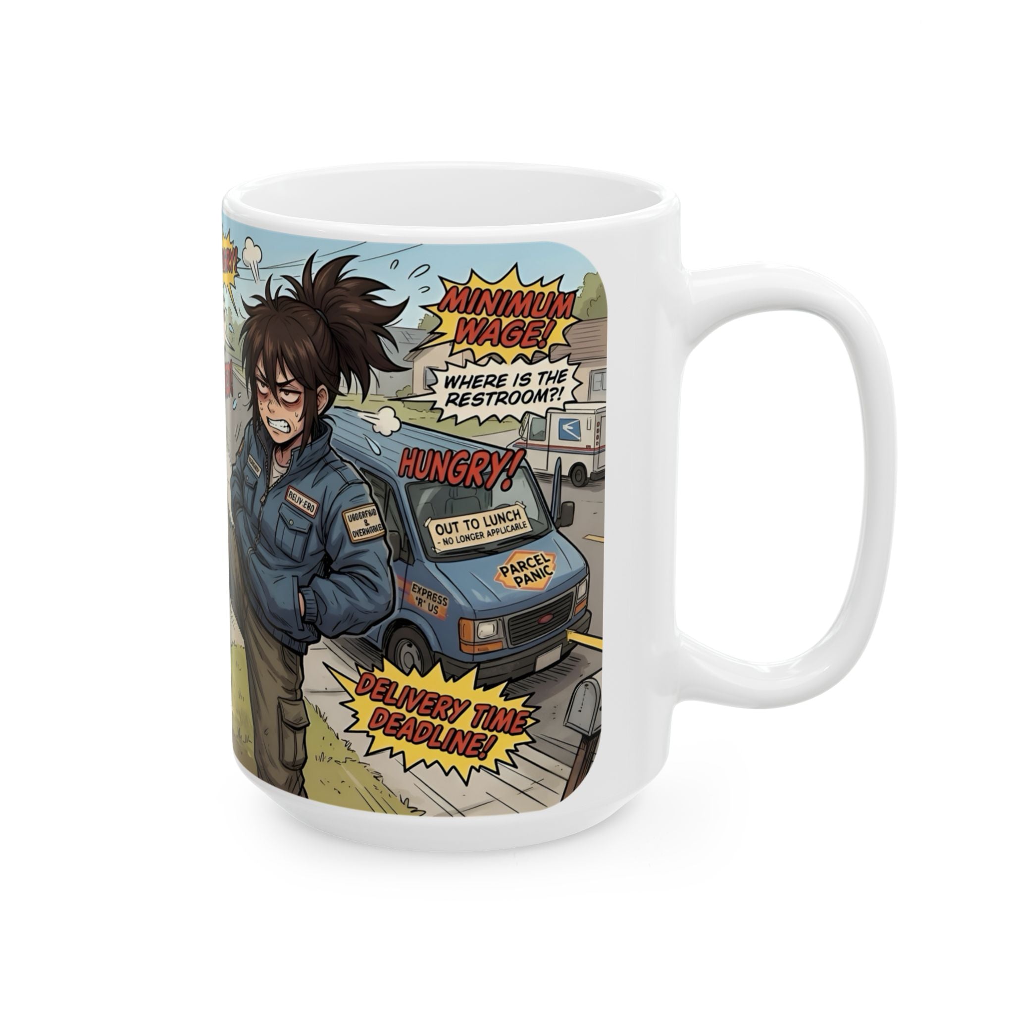 Delivery Worker Tales White Ceramic Mug (11oz/15oz), Relatable Life Snapshot "Gotta Hold It" Cup