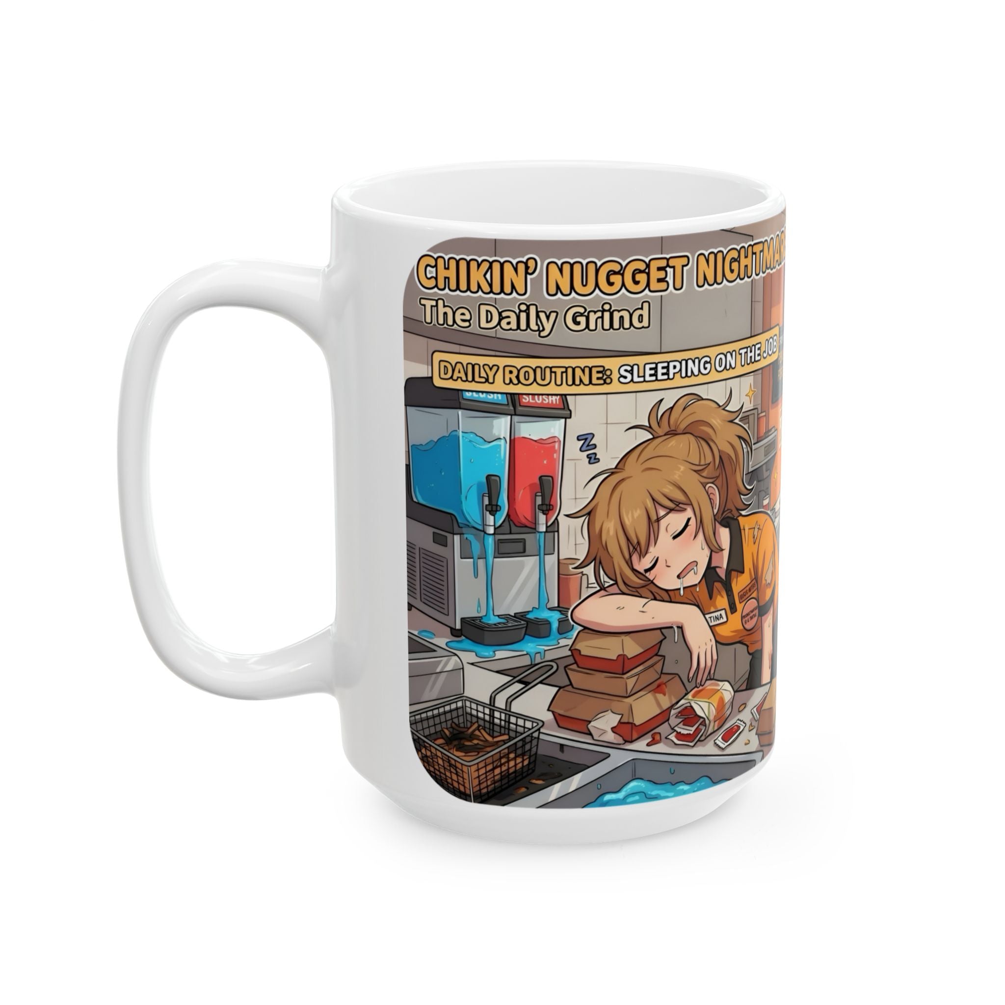 Funny Fast-Food Shift White Ceramic Mug – “Worst Nightmares” Comic Cafe Cup (11oz/15oz)