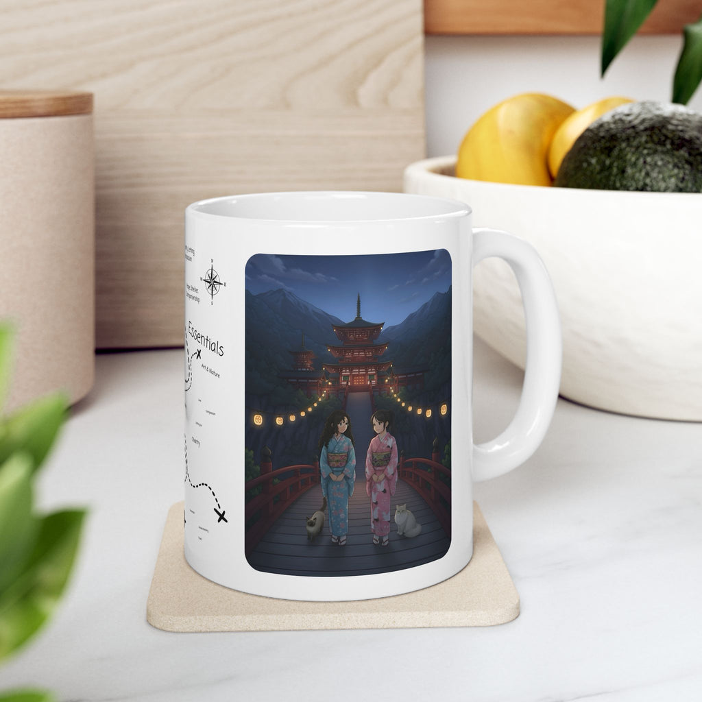 Kawaii Cat Lovers Transcending Time White Ceramic Mug — True Anime Best Friends in Japan Cup (11oz/15oz)