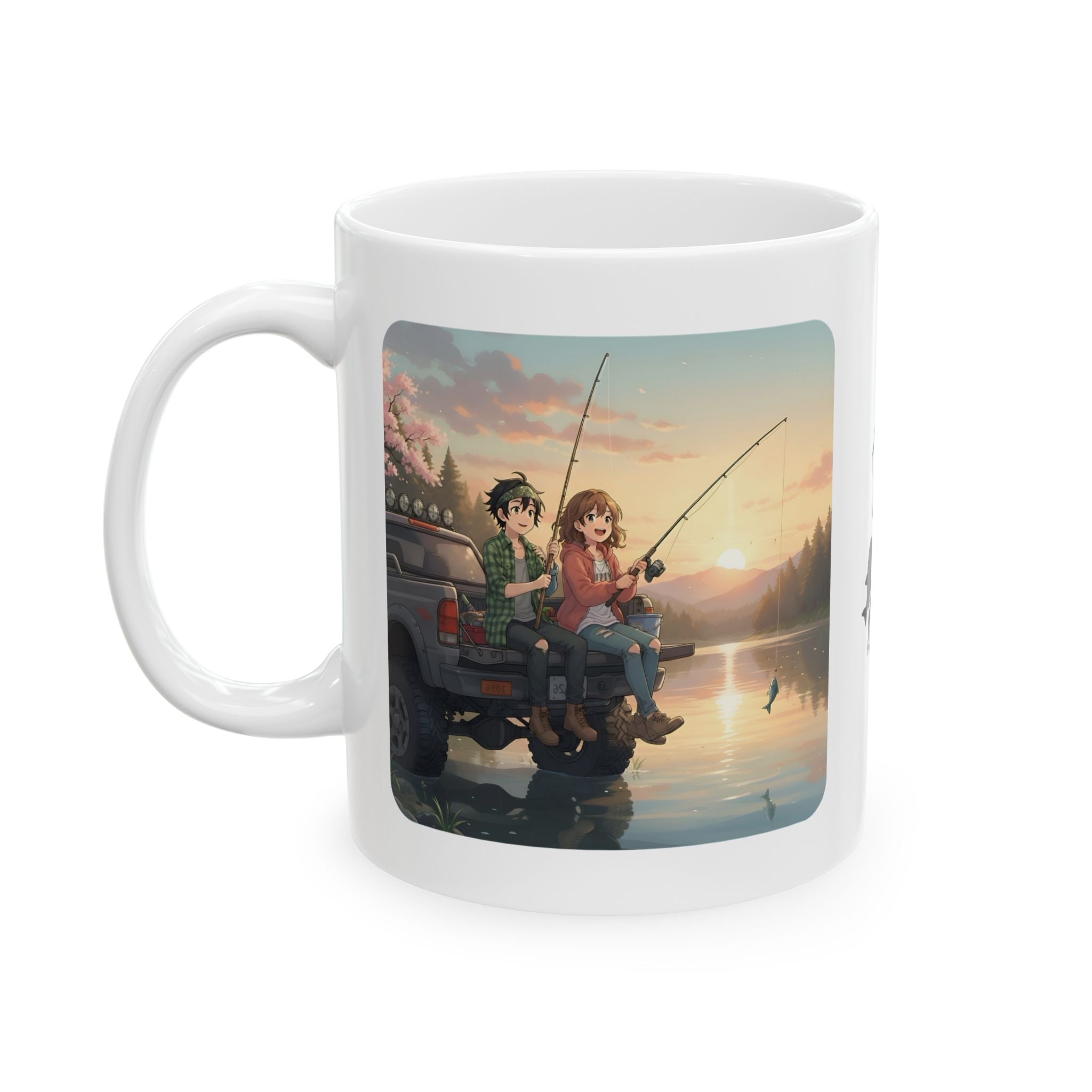 Romantic Sunset Lake Fishing Couple White Ceramic Mug — Sunrise Lake, Truck & Rod Anime Camping Adventure 11oz/15oz