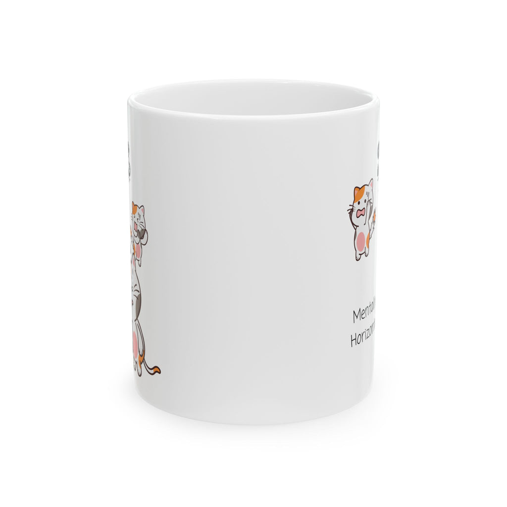Funny "Mentally Horizontal" Cat Chaos White Ceramic Mug — Frantic Kitties in a Trashed Room (11oz & 15oz)