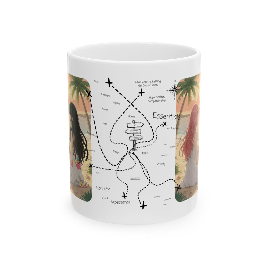 Cozy Peaceful Moments with Pets Sunset Beach White Ceramic Mug — Husky, Yorkie & Orange Cat Tropical Seascape Cup (11oz, 15oz)