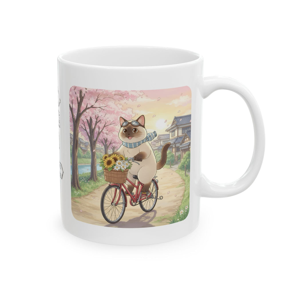 Kawaii Cats Riding Bikes in Sakura Japan White Ceramic Mug — Peaceful River Happy Paws Cup, 11o z & 15oz