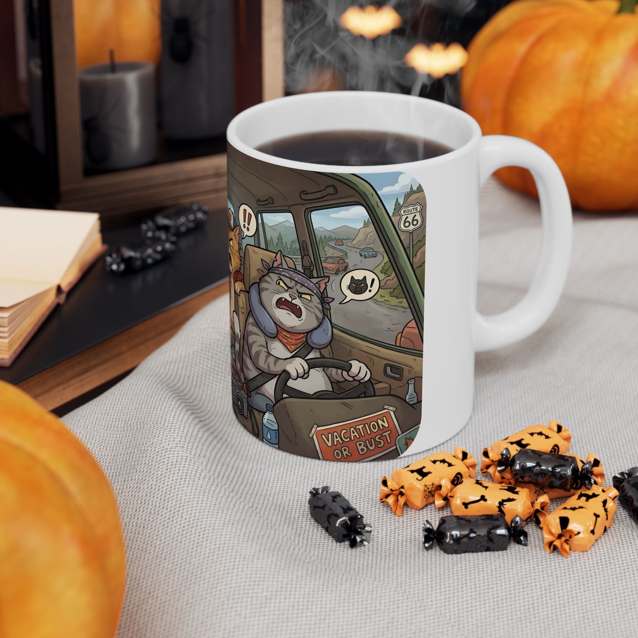 Angry Cats On A Road Trip White Ceramic Mug — Funny Kitty Crew Travel Cup (11oz, 15oz)