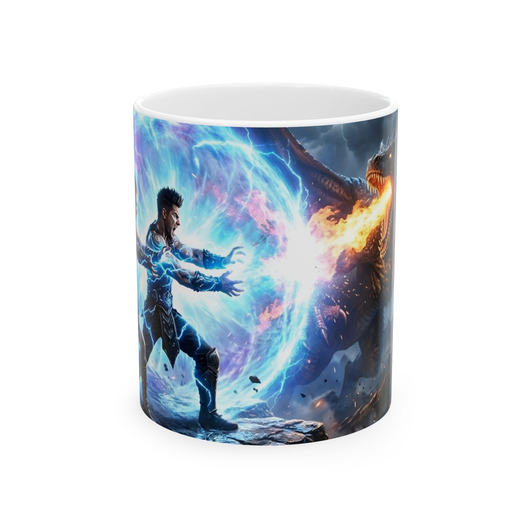 Dragon Battle #2 White Ceramic Mug — Epic Fantasy Gaming Adventure Scene (11oz, 15oz)