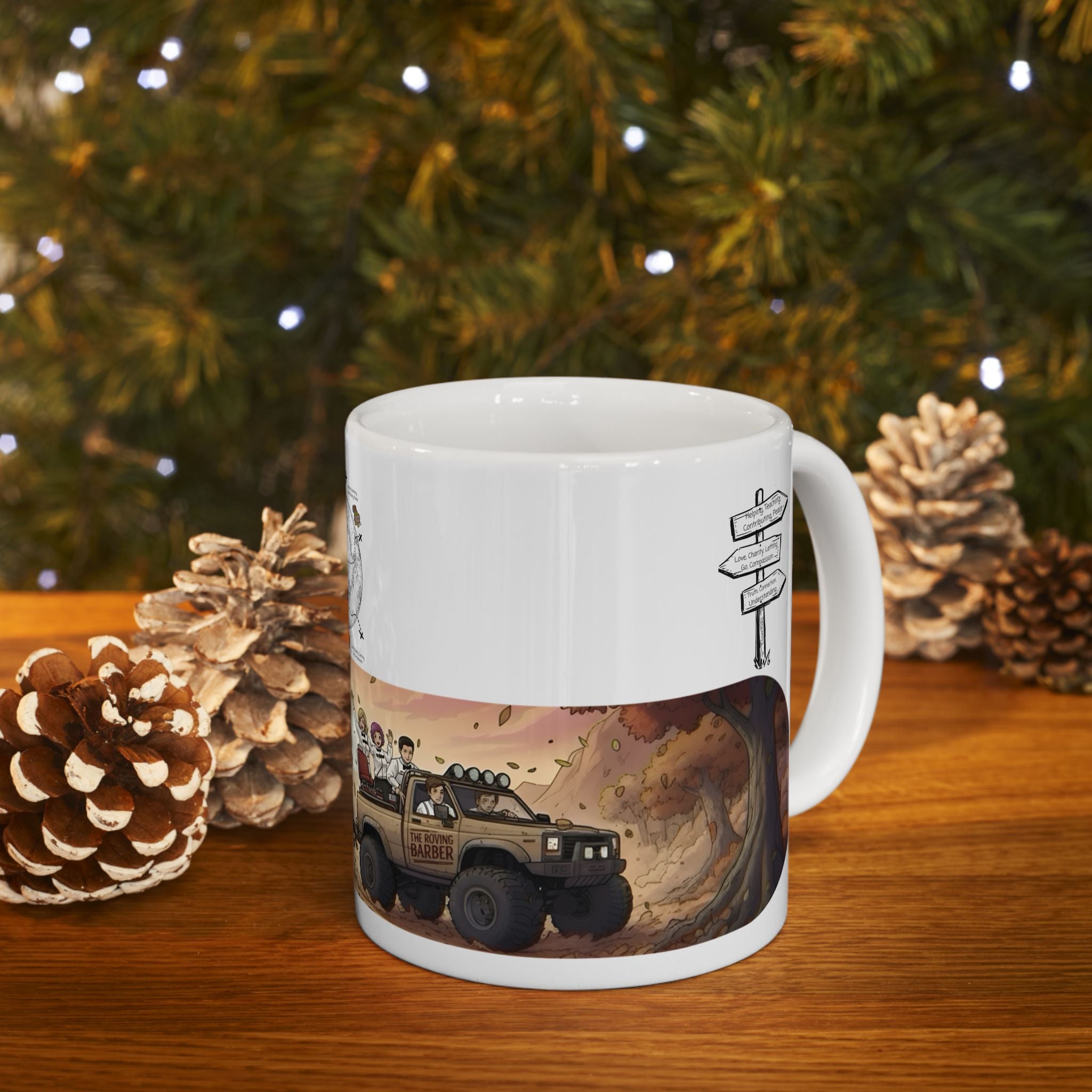 Adventure 4x4 Trucks #4, The Roving Barber White Ceramic Mug — Find Your Path To The Essentials Cup (11oz & 15oz)