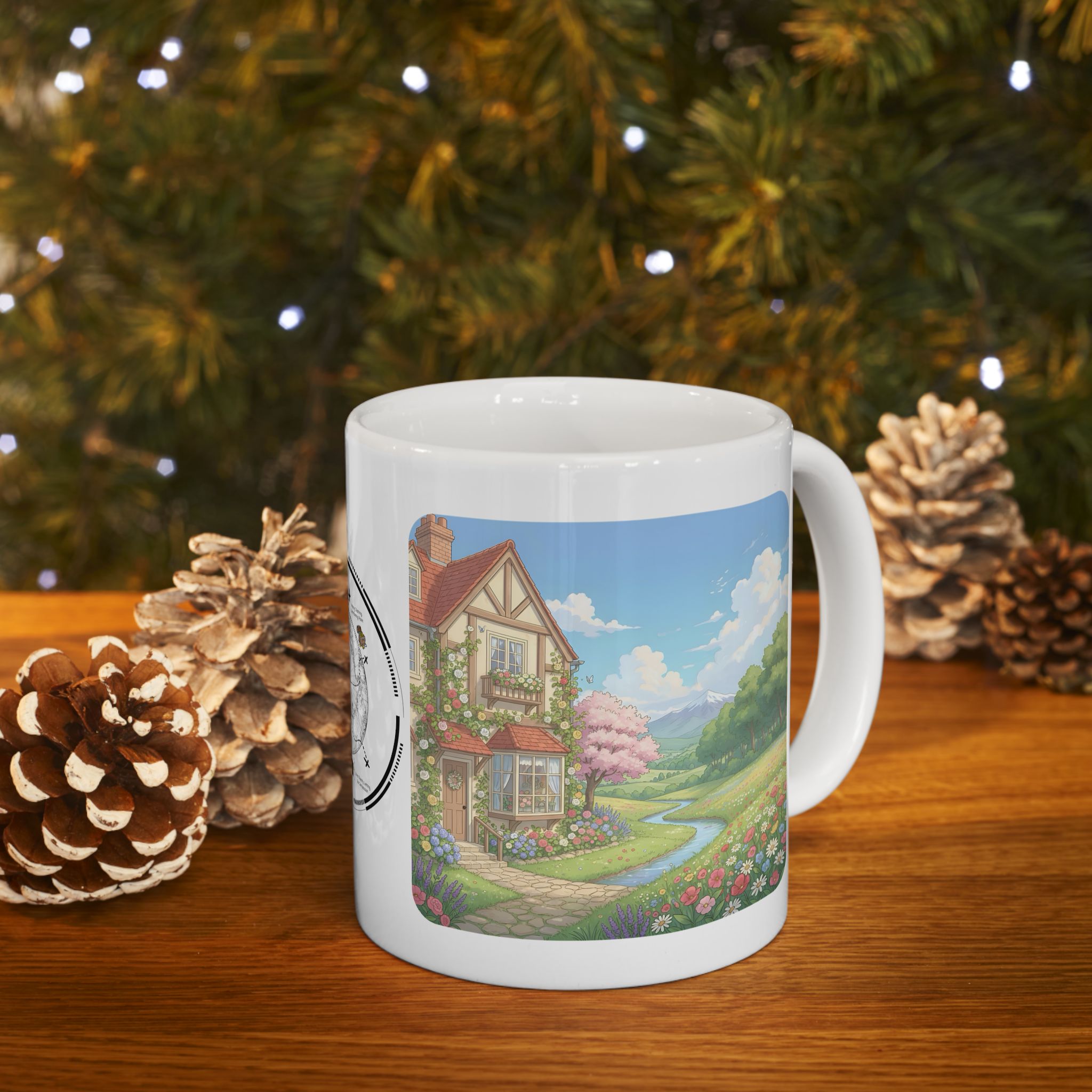 Kawaii English Garden Wildflower Meadow White Ceramic Mug — Cherry Blossom RV Camping Village Cup (11oz/15oz)
