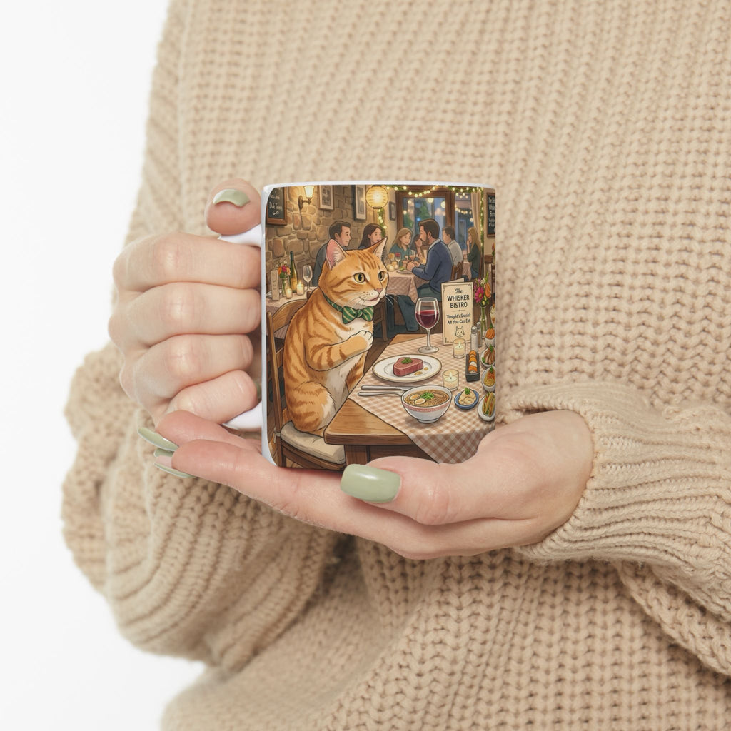 Cat Ghibli Whisker Bistro White Ceramic Mug — Cozy Feline Tapas Cafe Cup (11oz/15oz)