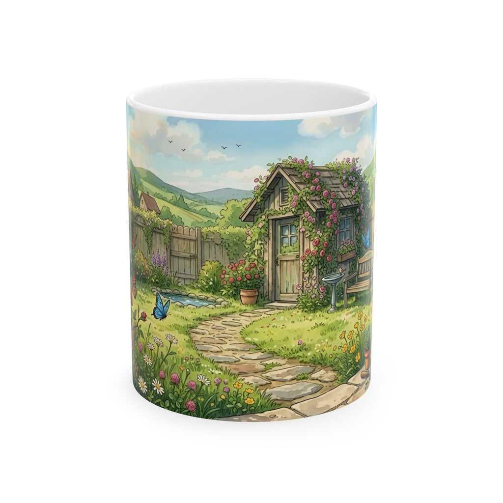 Cottage Garden White Ceramic Mug — Cozy Scenic Floral Tea Cup (11oz/15oz)