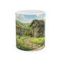 Cottage Garden White Ceramic Mug — Cozy Scenic Floral Tea Cup (11oz/15oz)
